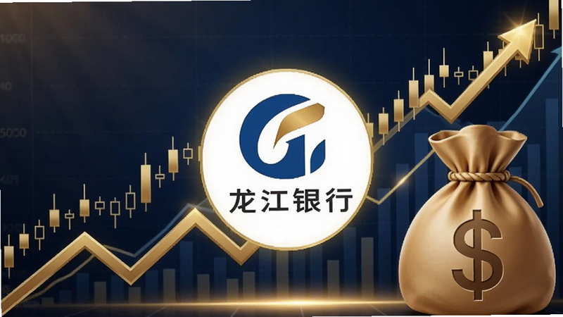 折线图与钱袋组合图,龙江银行LOGO置于中心,背景为上升的K线走势,金色与深蓝配色,突出理财增值