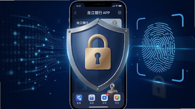 锁形盾牌图标覆盖在龙江银行APP界面之上,背景为数据流与指纹识别图案,深蓝色调,科技感十足,强调安全防护