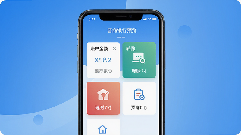 晋商银行手机银行app主界面截图,展示账户余额、转账、理财等核心功能模块,背景为蓝色渐变,手机屏幕居中显示,风格现代简约,高清晰度,alt:晋商银行预览图