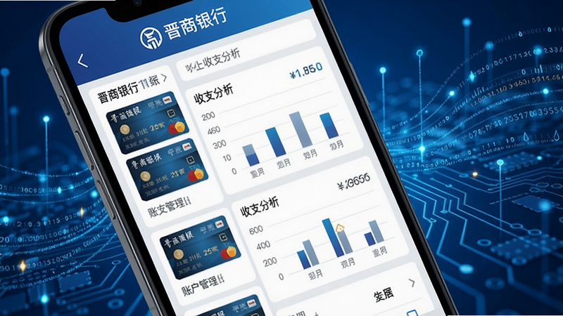 晋商银行账户管理界面,多卡列表,图表展示收支分析,背景金融科技风格,数字流动效果,色调蓝色,手机屏幕特写,清晰UI元素,alt:晋商银行预览图