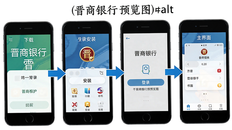 晋商银行app安装步骤图解,显示下载、安装、登录、主界面四个步骤,手机屏幕示意图,蓝色箭头指示,清晰易懂,alt:晋商银行预览图