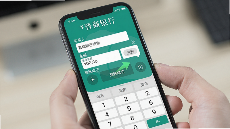 晋商银行转账界面,输入收款人信息,金额键盘,安全键盘背景,手机界面,转账成功动画效果,色彩清爽,聚焦于转账流程,alt:晋商银行预览图
