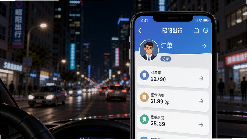 昭阳出行APP主界面,手机屏幕显示派单列表,背景为城市街道夜景,司机头像和订单信息清晰可见,整体风格简洁现代,强调接单效率与智能化