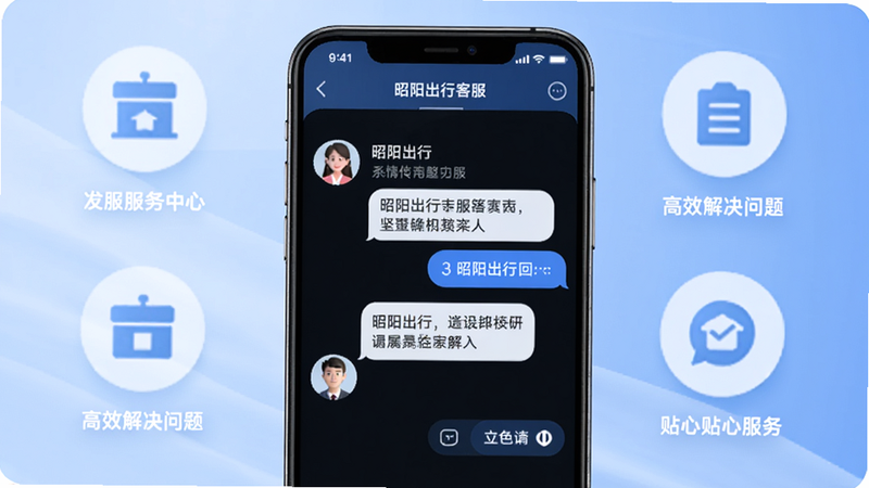 昭阳出行客服界面,手机屏幕显示对话窗口,客服头像和回复内容,背景为服务中心图标,强调高效解决问题和贴心服务