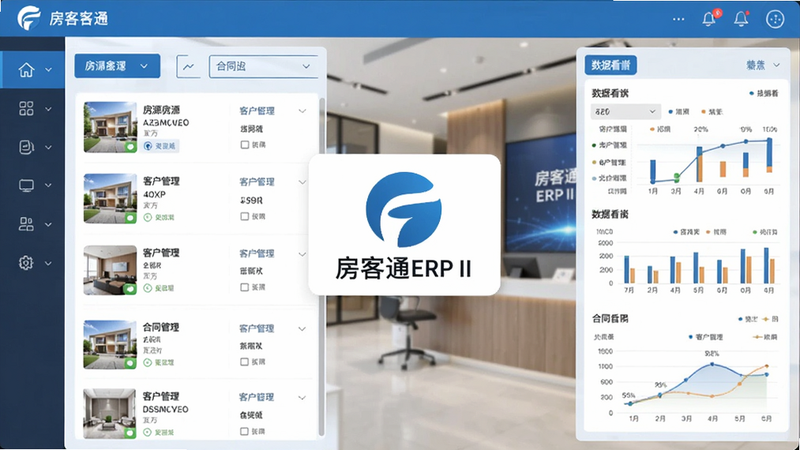 一张手机屏幕截图,显示房客通ERP II主界面,包含房源列表、客户管理、合同管理等模块,背景为房产中介门店场景,整体风格商务蓝色调,画面中心为软件logo,左侧功能导航栏,右侧展示数据看板,光线柔和,清晰度高