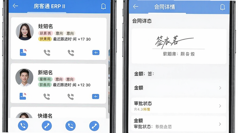 一张手机界面截图,展示房客通ERP II客户列表页,每个客户卡片显示头像、姓名、意向标签、最近跟进时间,底部有快速拨号图标;另一侧显示合同详情页,包含签名位置、金额字段、审批状态,整体色调为浅灰与蓝色搭配