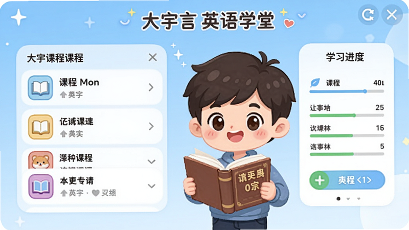 大宇言英语学堂主界面截图,展示课程列表和学习进度,背景淡蓝色渐变,中央有卡通人物拿着书本,整体风格清新可爱