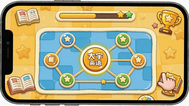 大宇言英语学堂词汇闯关界面,手机屏幕显示关卡地图,多个节点连接,当前关卡高亮,顶部有进度条和星星,背景暖黄色,卡通风格,有书本和奖杯图案