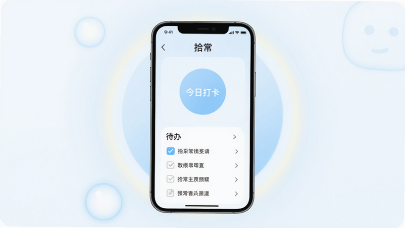 拾常主界面预览图,浅色背景上显示今日打卡圆圈和待办列表,手机屏幕居中,周围有柔和光晕,整体风格清新简约,突出应用名称