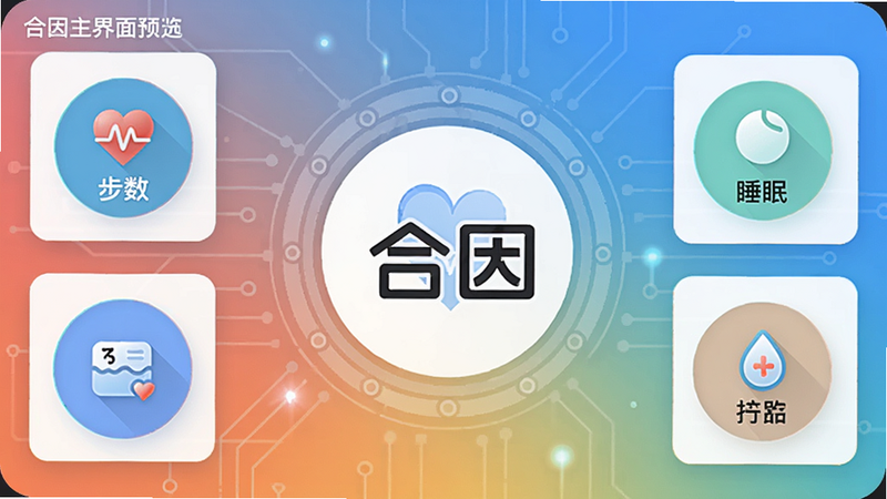 合因主界面预览,展示健康数据仪表盘,背景为渐变色科技风格,中央有合因logo,周围分布心率、步数、睡眠等圆形卡片,整体明亮清晰