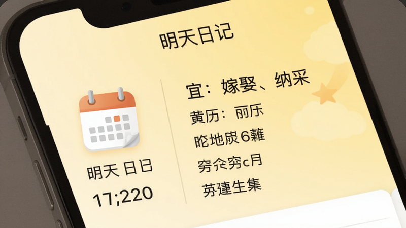 一幅智能手机界面截图,展示明天日记的首页布局,左侧有日历图标和日期,右侧显示“宜:嫁娶、纳采”等黄历信息,背景为淡黄色渐变,顶部有应用名称“明天日记”,整体风格温馨简约,适合作为应用预览图。