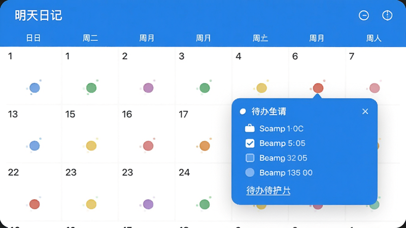 明天日记的日历月视图,每个日期下方有不同颜色的圆点,点击某天弹出待办列表,界面蓝白配色,清新直观。