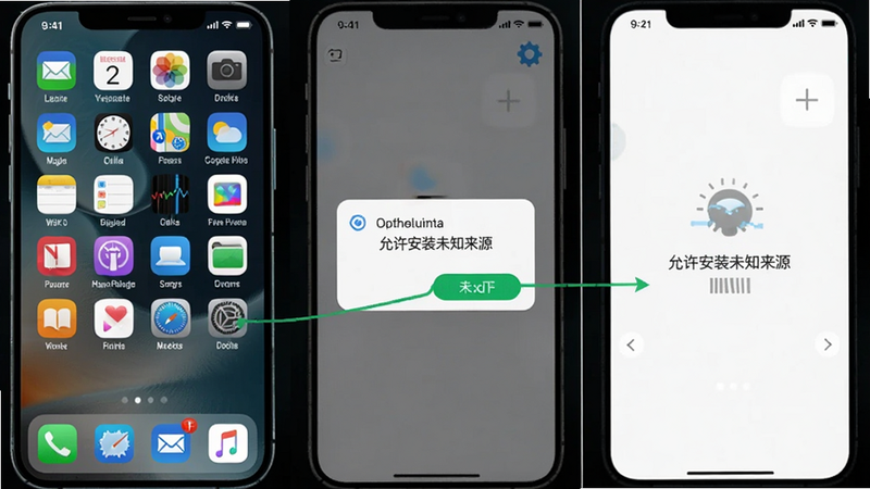 问真手机安装步骤示意图:显示手机桌面图标、权限弹窗、首页加载界面,突出“允许安装未知来源”步骤,画面简洁明了