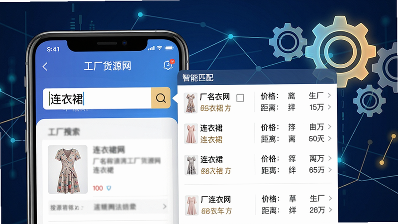 一张功能演示图,画面左侧为工厂货源网APP搜索界面,输入框内显示“连衣裙”字样,右侧弹出智能匹配结果列表,包含工厂名称、价格、距离等信息,背景以数据连线和高亮齿轮装饰,体现智能算法推荐。