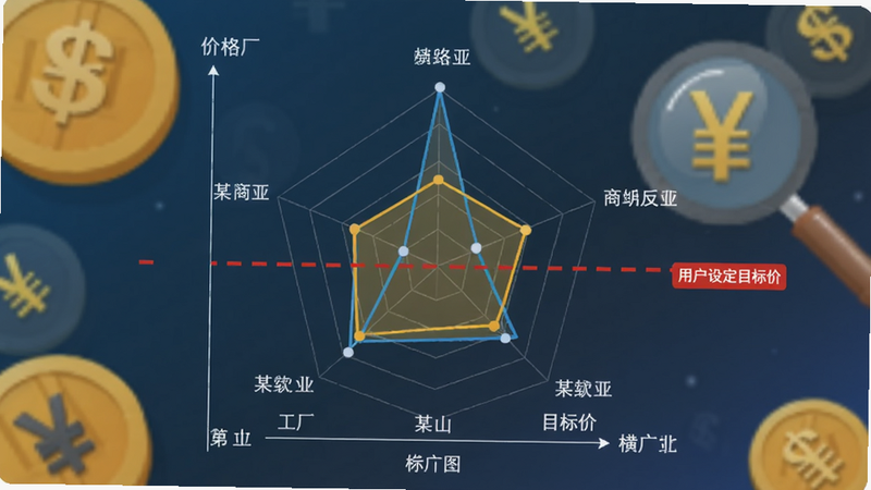 一张比价功能界面预览图,工厂货源网APP内展示某商品的价格对比雷达图,横轴为不同工厂,纵轴为价格,图中显示高低峰值,并有一条红色虚线标出用户设定的目标价,背景带有货币符号和放大镜元素。