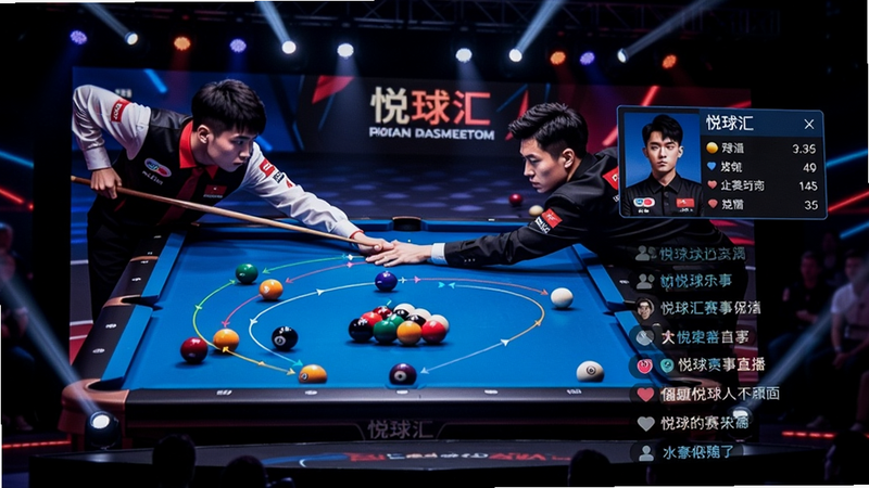 悦球汇赛事直播画面,大屏幕上显示两名选手对决特写,台球桌俯视图上有彩色球轨迹,旁边弹出选手实时数据与粉丝弹幕,舞台灯光聚焦,氛围紧张热烈