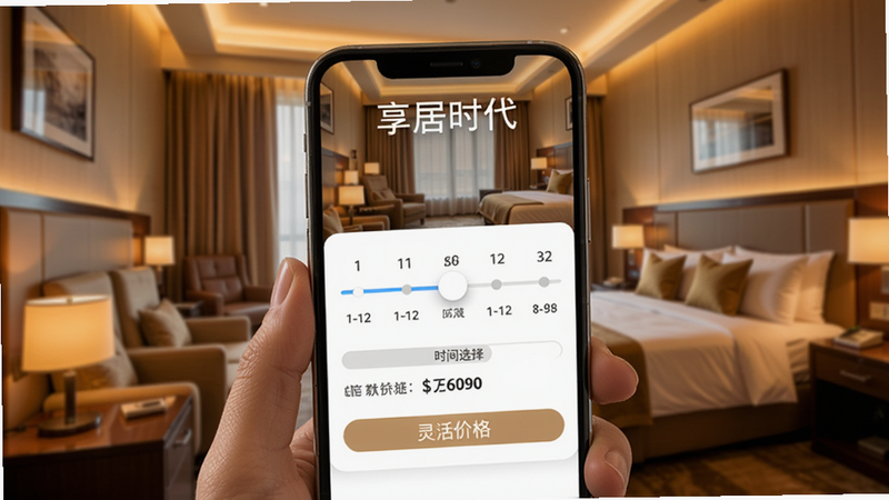 享居时代分时预订界面示意,手机屏幕显示时间选择滑块,可拖动选择1-12小时,下方显示对应价格,背景为酒店房间局部照片,色调温馨,突出灵活定价