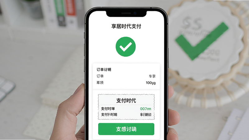 享居时代支付成功界面,手机屏幕显示订单详情和支付凭证,背景为绿色对勾图标,简洁安全风格