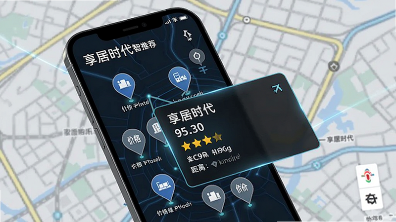 享居时代智能推荐页面,手机屏幕显示地图上多个酒店标记点,点击后弹出详细信息卡片,包括价格、评分、距离,背景为城市地图,科技感UI