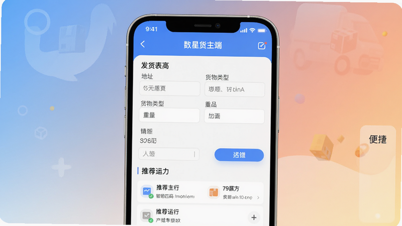 数星货主端一键发布运单操作界面,手机屏幕上显示发货表单填写页面,包含地址、货物类型、重量等输入框,下方有推荐运力列表,背景为柔和渐变,突出智能匹配与便捷操作。