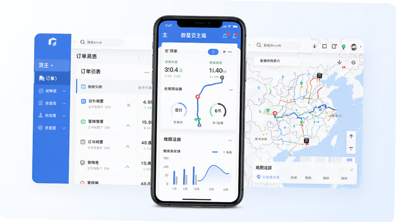 数星货主端整体界面预览图,展示货主端主页面、订单列表与地图追踪功能,背景为简约商务蓝白配色,手机模型居中,屏幕显示实时运输轨迹与数据统计,画面干净明亮,突出物流管理高效直观。