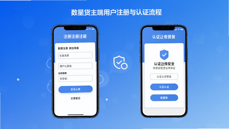 数星货主端用户注册与认证流程示意,手机屏幕显示注册表单和认证上传页面,背景为渐变蓝,强调步骤简洁与安全认证。