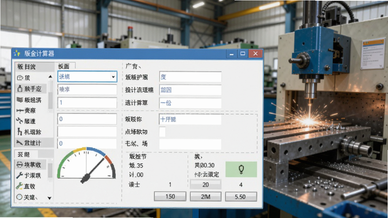 软件整体界面截图,前景是钣金计算器主界面,显示输入框和计算结果,背景为金属加工车间场景,光线明亮,突出工具实用性,适配Boogu模型生成
