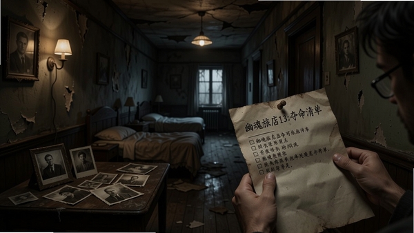 幽魂旅店13:夺命清单,主角在破旧旅店走廊查看一张清单,背景是昏暗房间,桌上摆着老旧照片,气氛阴森