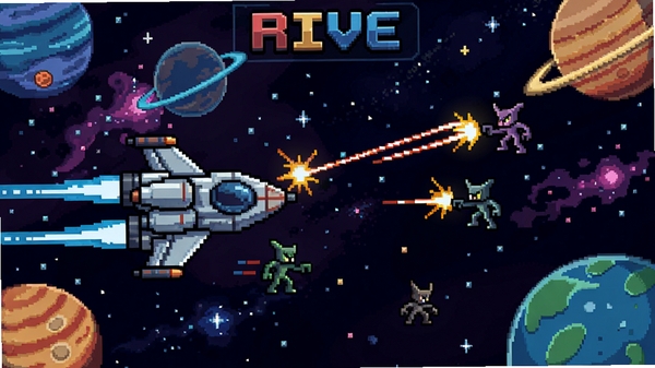 RIVE游戏主界面,飞船在太空与敌人战斗,背景绚丽,像素风格