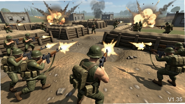 小兵步枪V1.35,俯视角战场,众多士兵交火,画面中央是主角持枪,背景有战壕和爆炸,Boogu模型