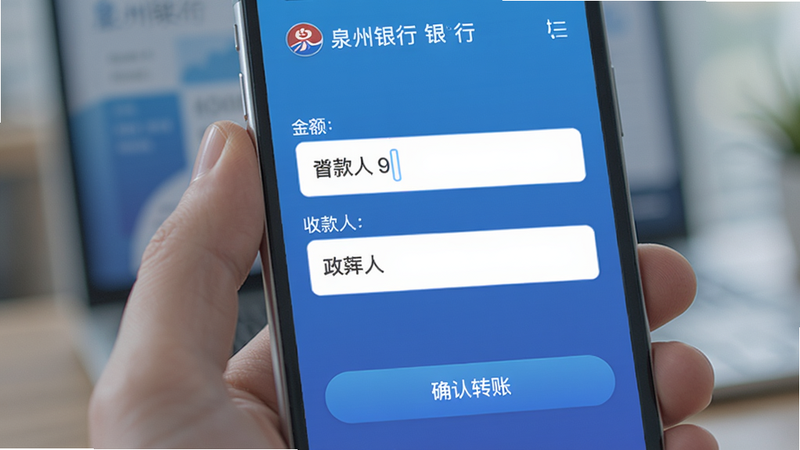 泉州银行手机银行转账界面,输入金额和收款人信息,下方有确认转账按钮,背景虚化处理,突出输入框,整体风格现代,色彩为蓝色渐变,体现流畅体验
