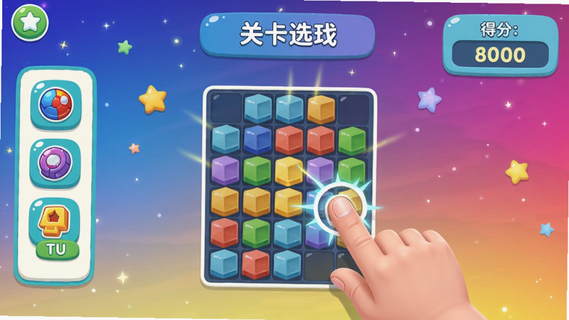 再玩亿关游戏主界面,清新明快的色彩搭配,中央展示关卡选择界面,左侧有道具栏,右侧显示得分,背景是渐变星空,玩家手指正在点击消除方块,画面明亮活泼