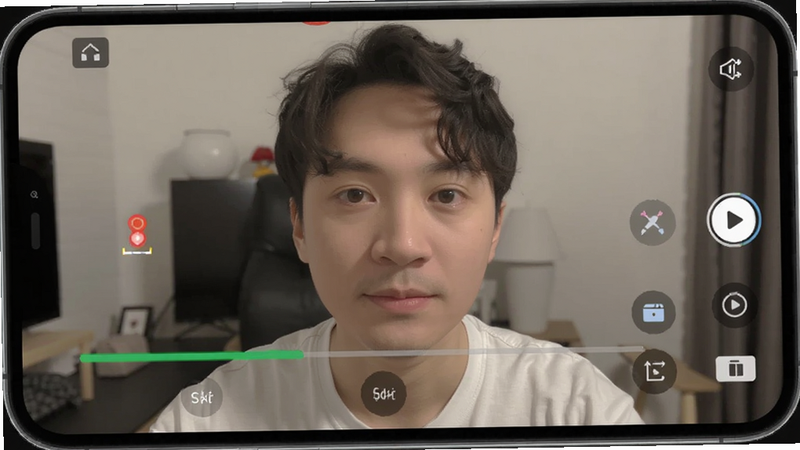 AI换脸换装软件视频换脸截图,手机屏幕上播放一段正在处理的视频,人物面部被替换,背景有进度条和编辑按钮,Boogu模型生成