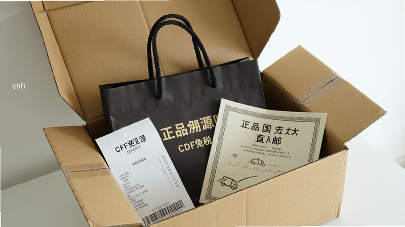 展示cdfi中免国际正品保障的实拍场景图,画面中一个打开的快递箱内放有CDF免税袋、商品小票和正品证书,背景为干净的白墙,光线明亮柔和,突出“正品溯源”与“直邮”细节。