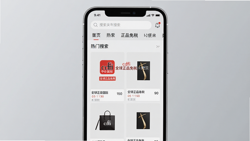 一张展示cdfi中免国际APP主界面的高清手机截图,画面中央显示热门商品瀑布流,背景为浅灰色渐变,顶部搜索栏和分类导航清晰可见,整体风格现代简约,突出cdfi中免国际品牌logo与“全球正品免税”字样。