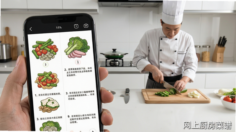 手机屏幕上同时显示菜谱步骤图和短视频窗口,画面中厨师正在演示切菜技巧,背景为干净整洁的厨房台面,软件名称“网上厨房菜谱”水印显示在角落,整体风格写实,色彩自然。