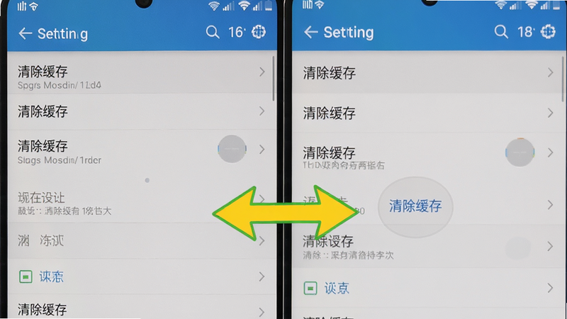 展示手机设置页面中清除缓存的操作截图,箭头指向“清除缓存”按钮,背景为系统设置界面,文字清晰,突出步骤说明。