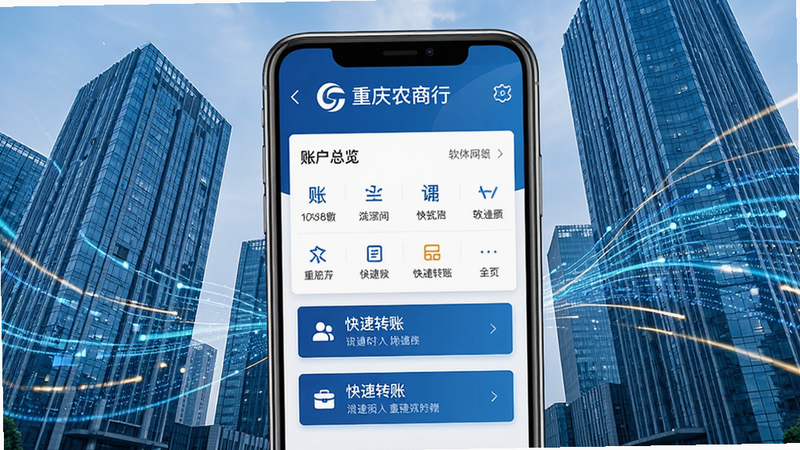 重庆农商行企业网银手机界面展示,屏幕中央显示账户总览与快捷转账功能,背景为现代商务写字楼与数据流动线条,整体风格专业稳重,蓝白配色,清晰展示软件名称与银行logo