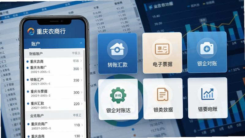 重庆农商行企业网银功能页面,展示转账汇款、电子票据、银企对账等菜单图标,界面布局清晰,手机屏幕左侧显示账户列表,右侧为功能模块,背景为财务报表与数据图表,科技感十足