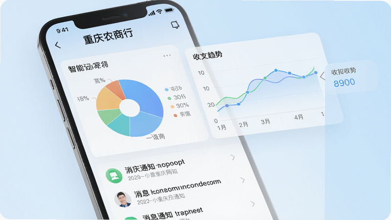 重庆农商行企业网银智能分析页面,手机屏幕显示饼图与折线图展示收支趋势,下方有消息通知列表,界面风格简约现代,浅蓝色渐变背景,突出数据分析与智能通知