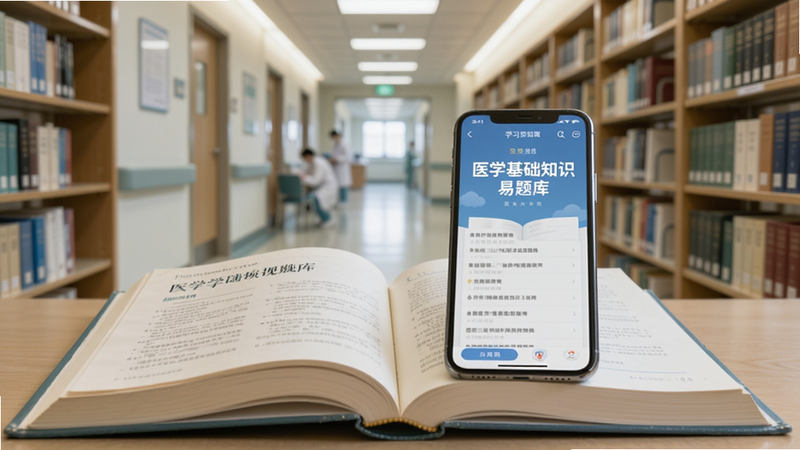画面中央是一本摊开的医学教科书与智能手机,手机屏幕显示“医学基础知识易题库”APP界面,背景为模糊的医院走廊或图书馆书架,整体色调柔和,突出学习备考氛围。主体坐标(0.5,0.5),背景区域充满画面,适配Boogu模型。