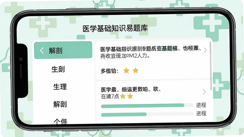 医学基础知识易题库手机屏幕展示题库分类界面,左侧列出解剖、生理等科目名称,右侧显示题目预览和进度条,背景为淡绿色医疗十字图标,画面清晰直观。
