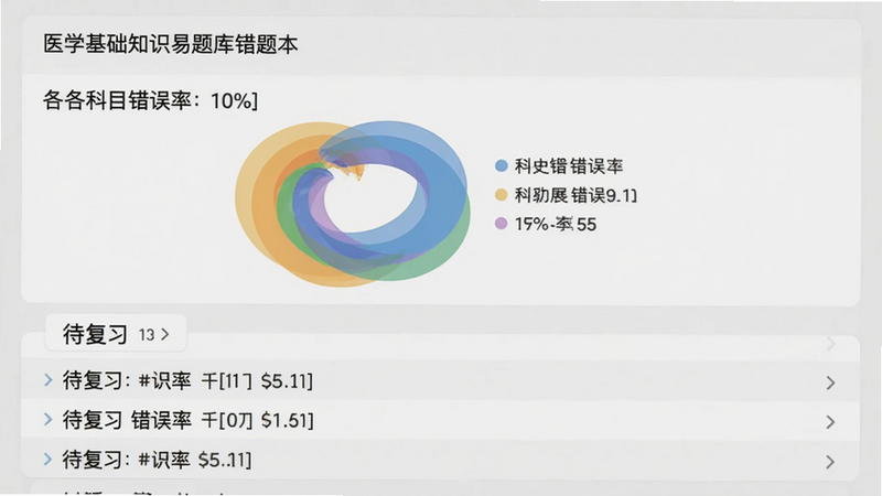 医学基础知识易题库错题本界面截图,以圆饼图展示各科目错误率,下方列出待复习题目列表,背景为浅灰色卡片式设计,整体干净专业。