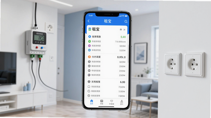租宝智能电表管理主界面展示,画面中央是一部手机屏幕,显示租宝APP的电表列表页,背景是简约的现代公寓房间一角,有电表和插座元素,整体色调为科技蓝与白色,画面清晰明亮,适配Boogu模型生成