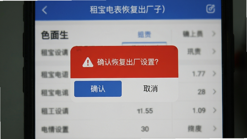 租宝电表恢复出厂设置确认弹窗,手机屏幕中央弹出红色警告框提示“确认恢复出厂设置?”,下方有确认和取消按钮,背景为模糊的电表详情页,整体氛围严肃专业