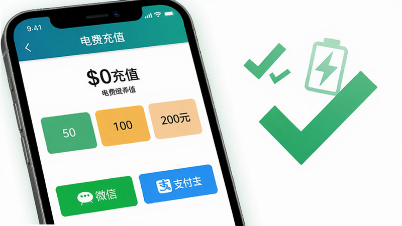 租宝远程缴费界面预览图,手机屏幕上显示电费充值页面,有50、100、200元快捷选项,底部是微信和支付宝支付按钮,背景有绿色对勾和电量图标,风格简洁直观