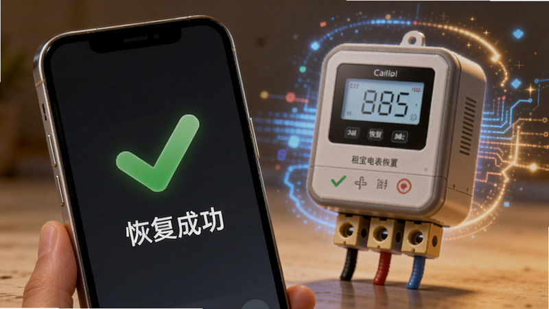 租宝电表恢复出厂设置成功动画,手机屏幕上显示绿色对勾和“恢复成功”文字,电表实物图在背景中闪烁,画面带有科技光效,整体温馨