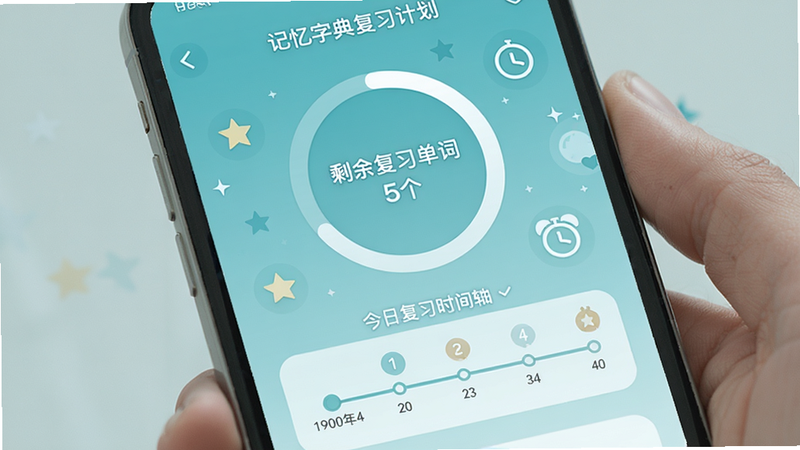 记忆字典复习计划界面,手机屏幕上显示一个圆形进度环,环内标注“剩余复习单词5个”,下方是今日复习时间轴,背景为柔和的青蓝色,带有星星和时钟图标,突出科学复习的节奏感。