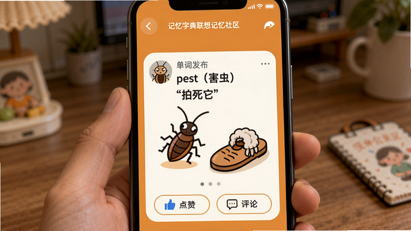记忆字典联想记忆社区界面,手机屏幕展示一条用户发布的联想:单词“pest(害虫)”谐音“拍死它”,配以一只蟑螂和拖鞋的卡通图,下方有点赞和评论按钮,背景为暖橙色,突出社区互动氛围。