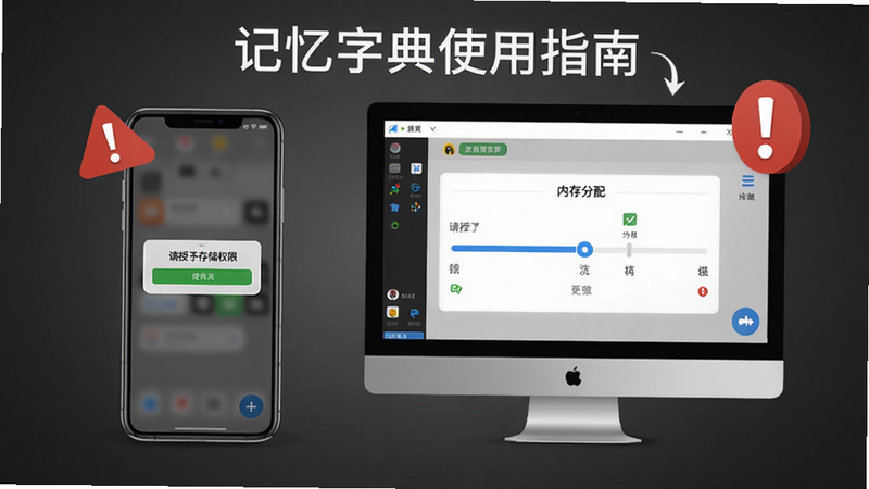 记忆字典使用指南步骤图,画面展示一台手机和一台电脑并列,手机屏幕上显示“请授予存储权限”弹窗,电脑模拟器窗口显示内存分配滑块,背景为深灰渐变色,配以红色感叹号提示图标,突出操作注意事项。